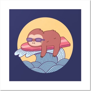 Cute Sloth On Surfboard Riding The Waves Posters and Art